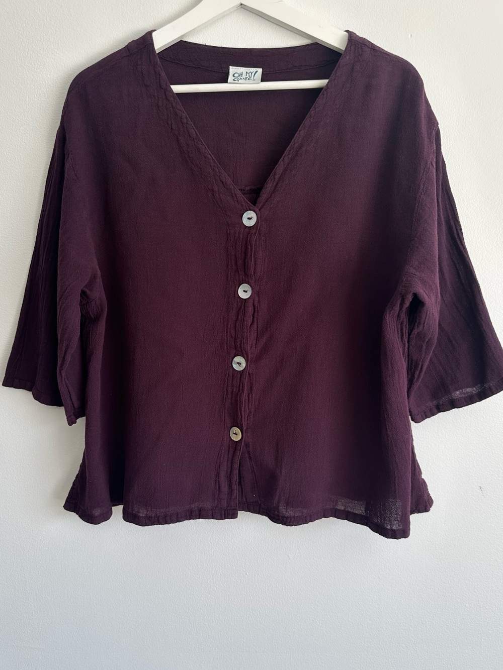 Oh My Gauze! 100% Cotton Boho Purple Plum Button-Front V-Neck Top Size Large